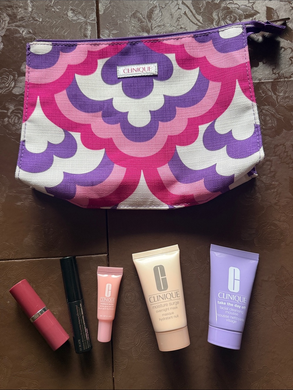 Clinique Pink & Purple Patterned Makeup Bag with Travel Skincare Minis